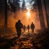 Courageous firefighters amidst a blazing forest, smoke billowing around them