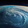 View of earth from space showing a massive swirling hurricane over the ocean, atmospheric phenomenon. Climate and environment concept. AI generated 