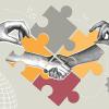 Concept of partnership. Handshake and puzzle pieces coming together.