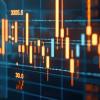 Futuristic financial data visualization with vibrant orange and blue colors showcasing market trends 