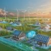 A vibrant smart city showcases homes equipped with solar panels and wind turbines as the sun sets over the scenic countryside, illustrating a commitment to renewable energy and sustainable living. AI generated 