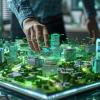 A high-tech model of a futuristic city is displayed on an interactive table.