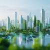Futuristic Eco-City with Green Architecture and Advanced Technology, Featuring Lush Greenery, Modern Skyscrapers, and Sustainable Urban Design. AI generated.