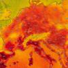 Map of Europe, EU on Windy weather web service showing global heat wave of extreme high temperature in Summer, July.