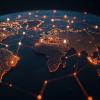 World map showcasing a network of glowing connections and data points across continents 