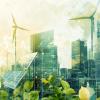 A cityscape showcases sustainable energy with wind turbines and solar panels surrounded by greenery. 