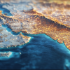 A highly detailed digital map of Saudi Arabia and the MENA region illustrates the global network and AI generated 