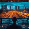 View of a Control Room Monitoring Urban Transportation Networks at Dusk With Automated Systems Ensuring Safety