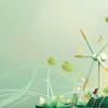 Illustration depicting renewable energy and environmental sustainability with wind turbines, solar panels, and a green Earth surrounded by foliage and tiny people. 
