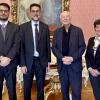 Photo of H.E. Ambassador Eduardo Paes Saboia, Ambassador of Brazil to Austria, Fabio Alves Schmidt da Silva, Head of the Trade Promotion and Science Technology Section at the Embassy of Brazil in Vienna with John Schellnhuber and Karen Lips 