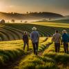 Group of farmers walking in corn field examining crops at sunset.