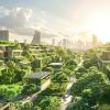 Sunny sky over an eco-friendly city with green rooftops, solar panels, and tree-lined avenues.