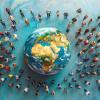 Diverse group of individuals gathered around a world globe. AI generated 
