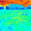  Hhistorical house build from sandstone stones nd wood. Thermal camera photography, infrared scan 