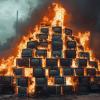 Mountain of vintage televisions burning intensely, creating a large column of smoke, symbolizing outdated technology and information overload 
