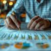 Environmental Scientist Monitoring Climate Data, Blurred global maps and charts emphasize the scale of environmental monitoring and research.