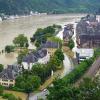 Aerial view of flooded village by river Rhine, St. Goar or Sankt Goar, Germany. 