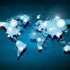 Global interaction. Background digital image of world map with connection lines 