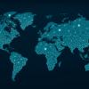 Global network highlighted on blue world map 