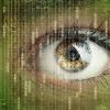 Digital data and eye. Womans eye with futuristic digital data concept for technology, virtual reality headset, biometric retina scan, surveillance or computer hacker security