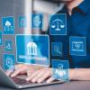 Digital Government and Online Public Services Technology. Man using laptop with icons digital government systems, AI, cloud technology, law, and digital transformation in public administration