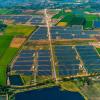 Aerial view of solar farm with solar panels 