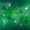 Abstract illustration with a map of the world and icons relating to energy