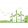 Illustration of green houses, solar panels, and a windfarm